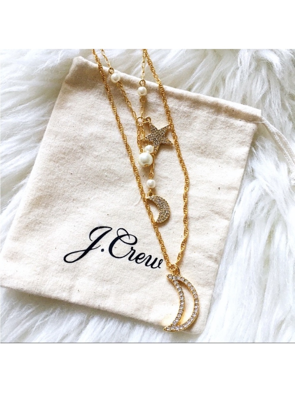 J. Crew Celestial Charm Gold Star & Moon Layered Necklace with Pearl Accents